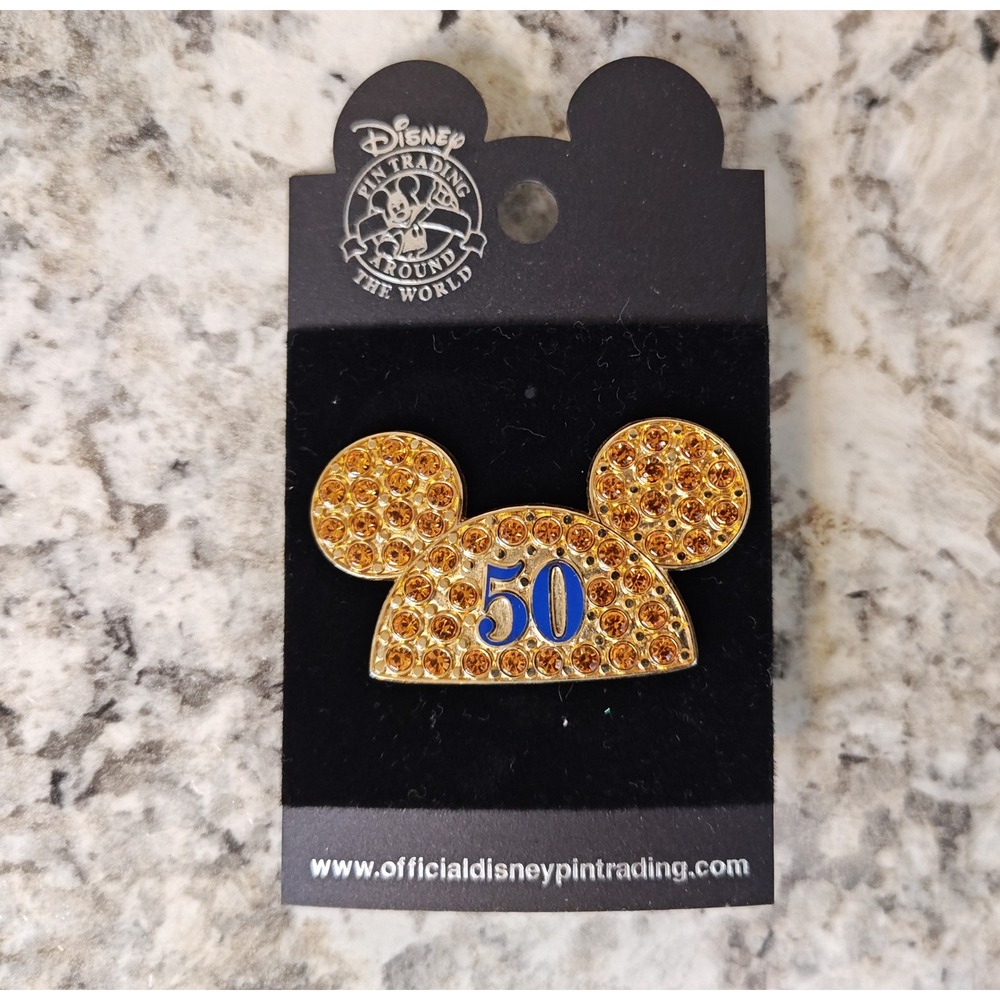 Disney Pin Disneyland 50th Anniversary Gold Amber Rhinestone Mickey Ear Hat